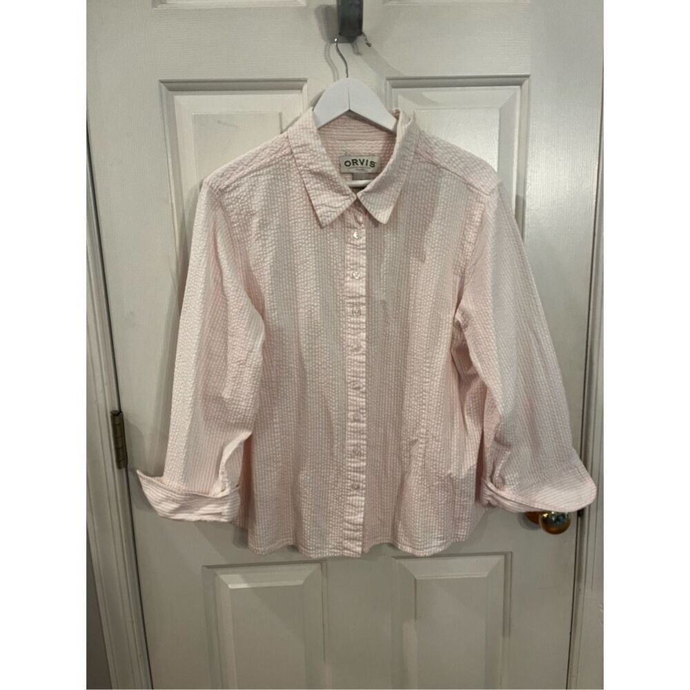 Orvis Pink & White Striped Seersucker Fitted Button Up Shirt sz XL EUC